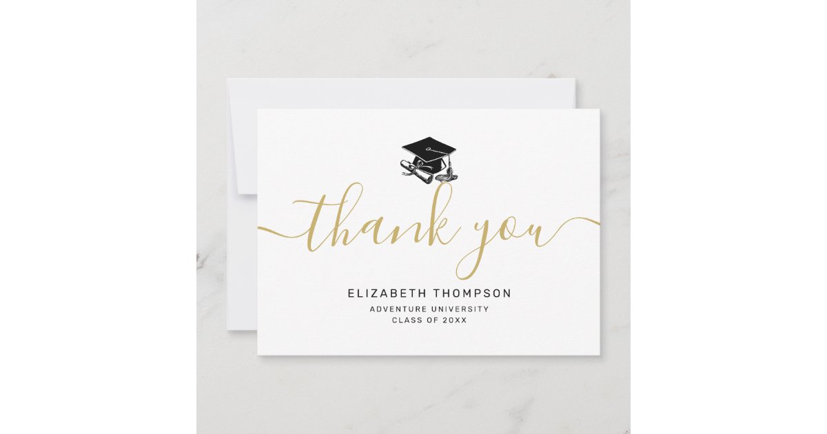 Simple Gold Script Black Grad Cap Graduation Thank You Card | Zazzle