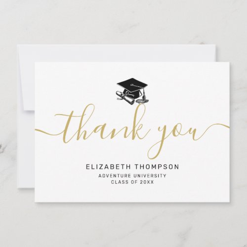 Simple Gold Script Black Grad Cap Graduation Thank You Card