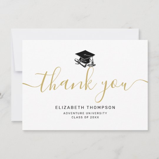 Simple Gold Script Black Grad Cap Graduation Thank You Card | Zazzle.com