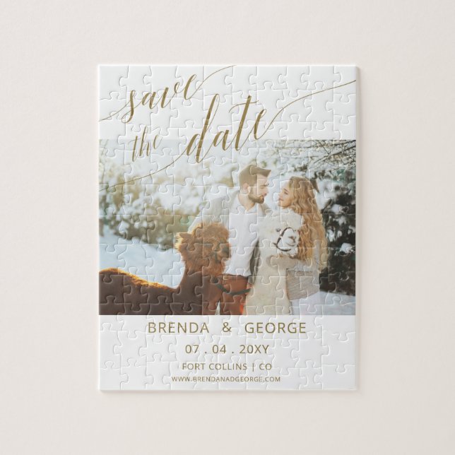 Simple Gold Script Calligraphy Photo Save The Date Jigsaw Puzzle (Vertical)