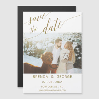 Simple Gold Script Calligraphy Photo Save The Date Magnetic Invitation