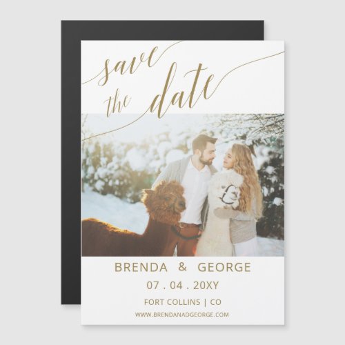Simple Gold Script Calligraphy Photo Save The Date Magnetic Invitation