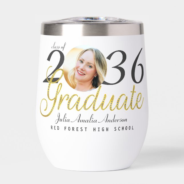 Simple Gold Script Fashion One Photo Graduation Thermal Wine Tumbler (Front)