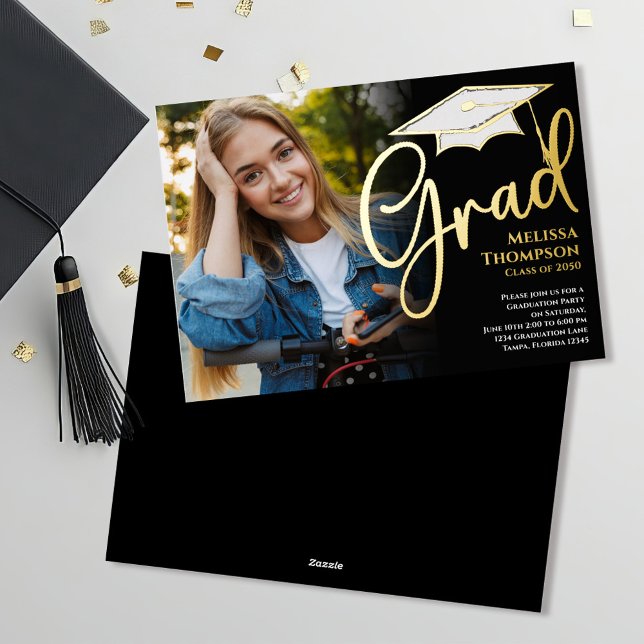 Simple Gold Script Graduation Photo Announcement C (Classic gold foil script photo template graduation invitation announcement.)