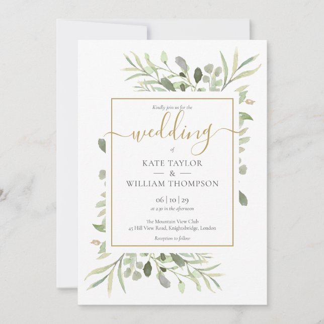Simple Gold Script Greenery Leaves Wedding   Invitation (Front)