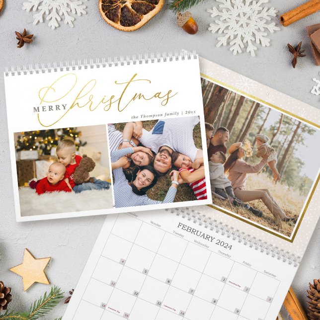 Simple Gold Script Merry Christmas 2 Photo Collage Calendar (Creator Uploaded)