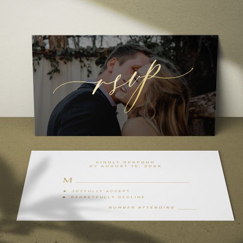 Simple gold script modern photo wedding RSVP Note Card