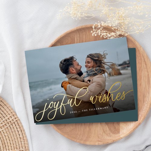Simple Gold Script Overlay Joyful Wishes Photo Foil Holiday Card