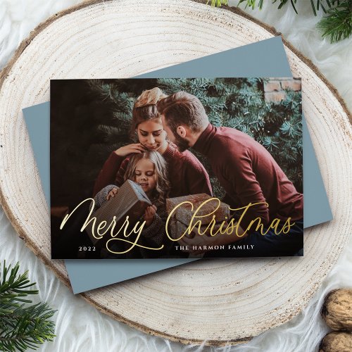 Simple Gold Script Overlay Merry Christmas Photo Foil Holiday Card