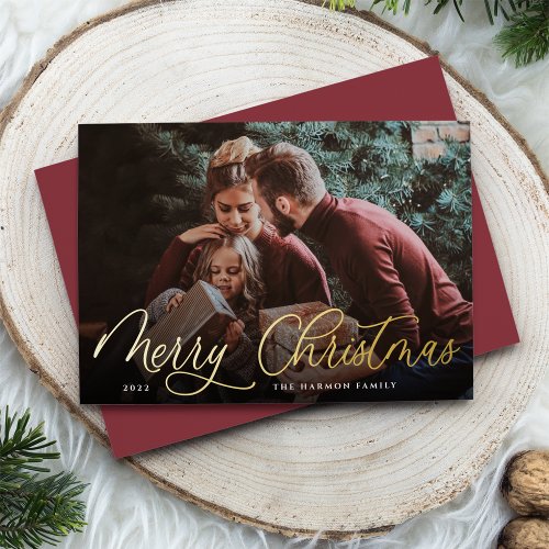 Simple Gold Script Overlay Merry Christmas Photo Foil Holiday Card
