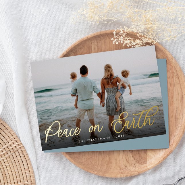 Simple Gold Script Overlay Peace on Earth Photo Foil Holiday Card (Creator Uploaded)