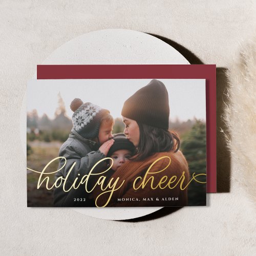 Simple Gold Script Overlay Photo Foil Holiday Card