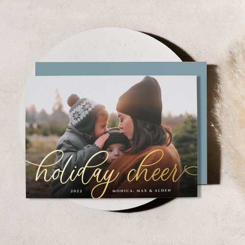 Simple Gold Script Overlay Photo Foil Holiday Card