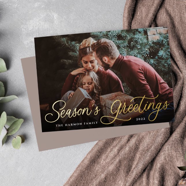 Simple Gold Script Overlay Seasons Greetings Photo Foil Holiday Card (Creator Uploaded)