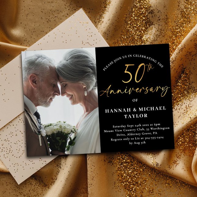 Simple Gold Script Photo 50th Wedding Anniversary Invitation (Creator Uploaded)