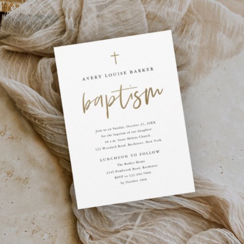 Simple Gold Script Religious Baptism Invitation