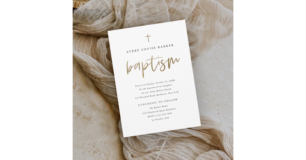 Simple Gold Script Religious Baptism Invitation | Zazzle