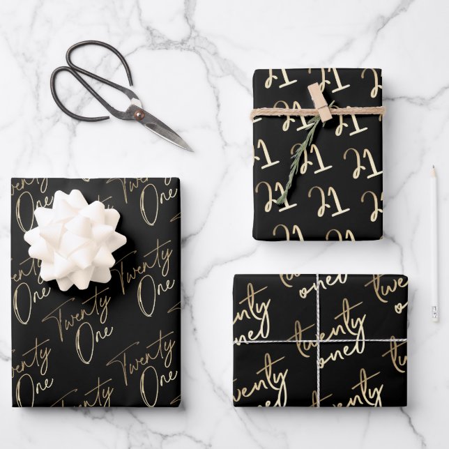 Simple Gold Script Twenty One 21st Birthday Party Wrapping Paper Sheets (Front)