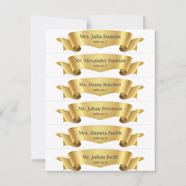 Simple Gold Silk Ribbon Banner Wedding Place Cards (Front)