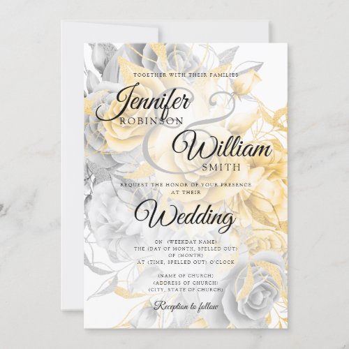 Simple Gold  Silver Elegant Floral Wedding Invitation