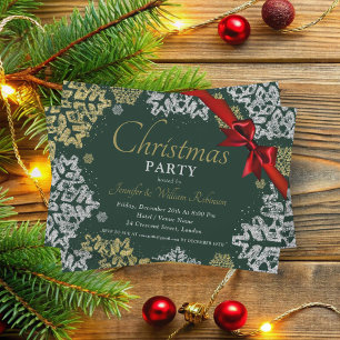 Simple Gold & Silver Snowflakes Xmas Holiday Green Invitation