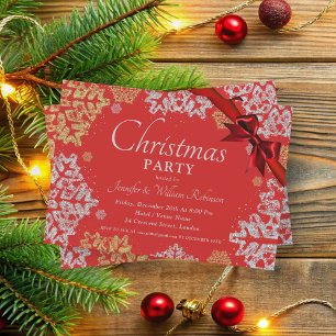 Simple Gold & Silver Snowflakes Xmas Holiday Red Invitation