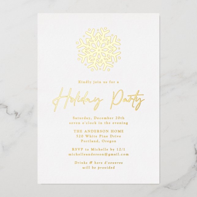 Simple Gold Snowflake Holiday Party Foil Invitation (Front)