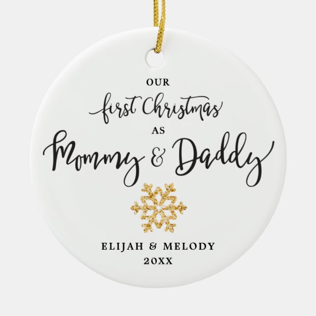 Simple Gold Snowflake Mommy & Daddy Christmas Ceramic Ornament (Front)