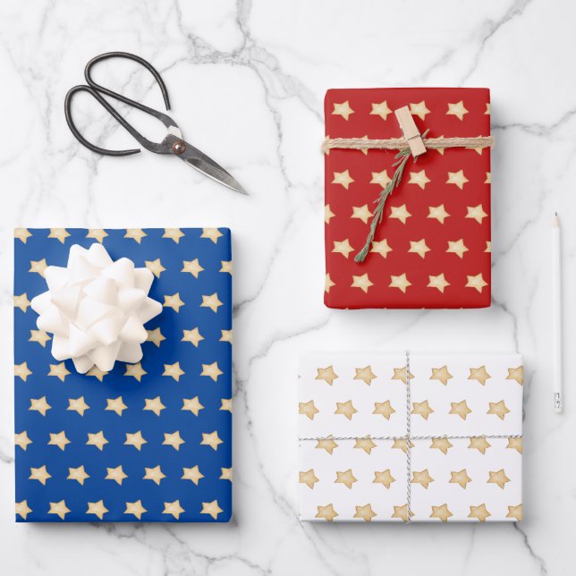 Simple Gold Star on Blue, Red, White, Background Wrapping Paper Sheets (Front)