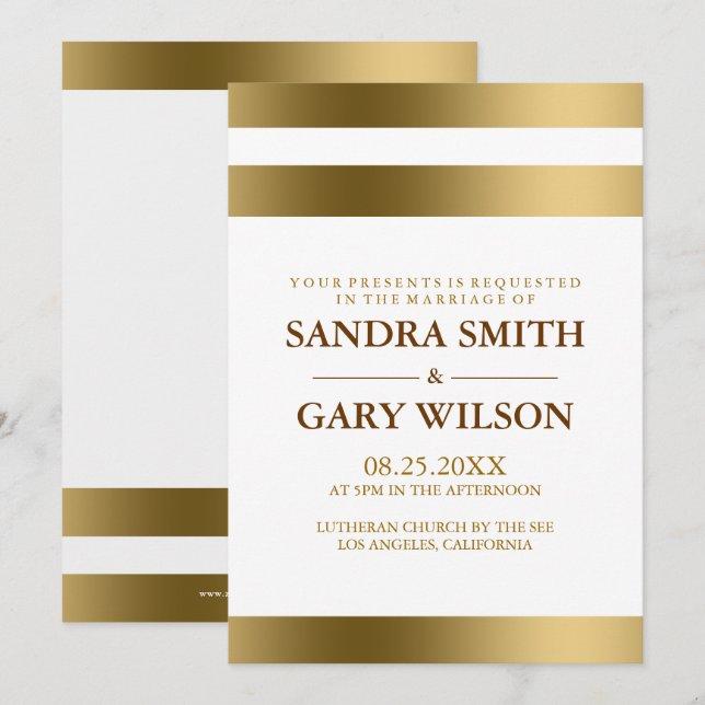 Simple Gold Stripes Over White Background Wedding Invitation (Front/Back)