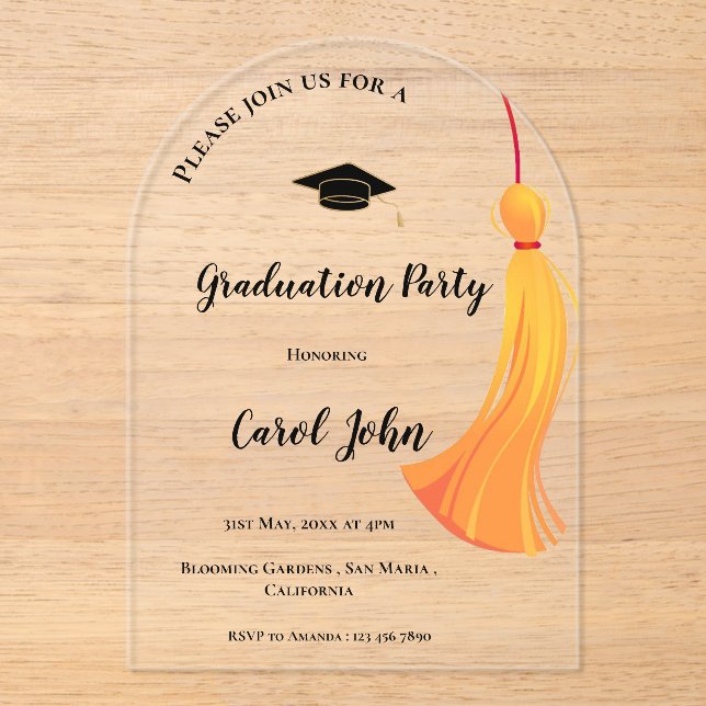 Simple Gold Tassel Class of 2026 Graduation Party Acrylic Invitations (Front)