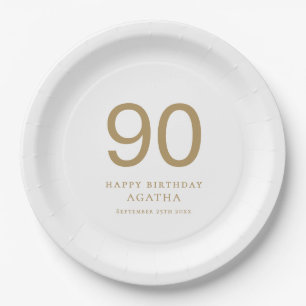 Simple Gold Text 90th Name Birthday Party Paper Plates