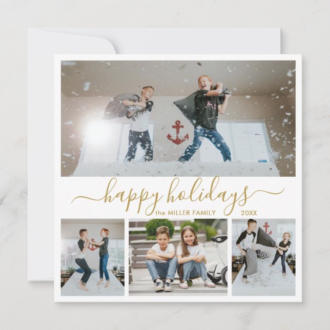 Simple Gold White 4 Photo Collage Happy Holiday Card (Front)