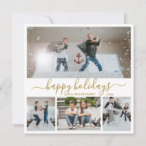 Simple Gold White 4 Photo Collage Happy Holiday Card