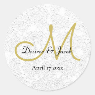 Simple Gold White Black Elegant Wedding Monogram Classic Round Sticker