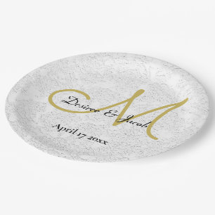 Simple Gold White Black Elegant Wedding Monogram Paper Plates