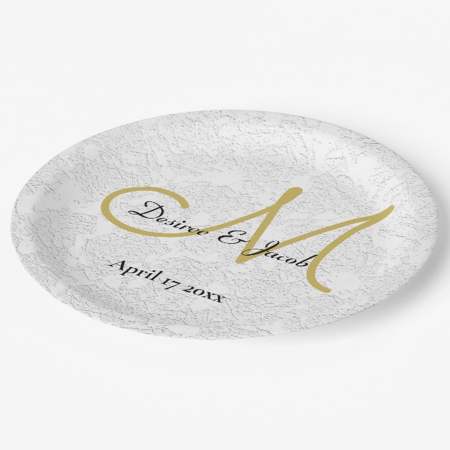 Simple Gold White Black Elegant Wedding Monogram Paper Plates (Angled)