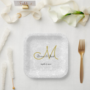 Simple Gold White Black Elegant Wedding Monogram Paper Plates