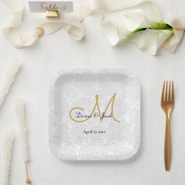 Simple Gold White Black Elegant Wedding Monogram Paper Plates (Wedding)