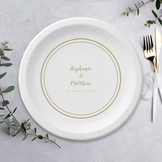 Simple Gold White Bride & Groom Wedding Paper Plates (Creator Uploaded)