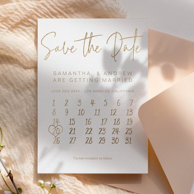 Simple gold white calendar save the date announcement postcard (Creator Uploaded)