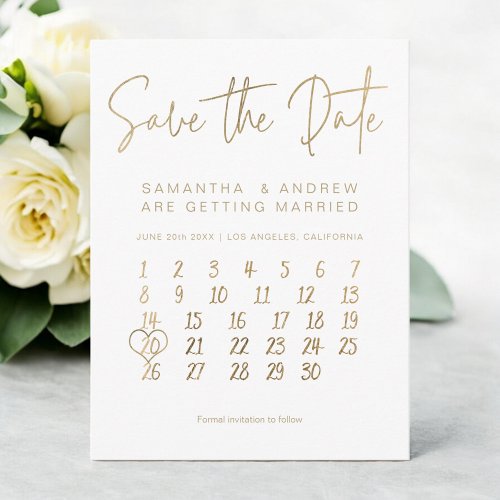 Simple gold white calendar save the date announcement postcard