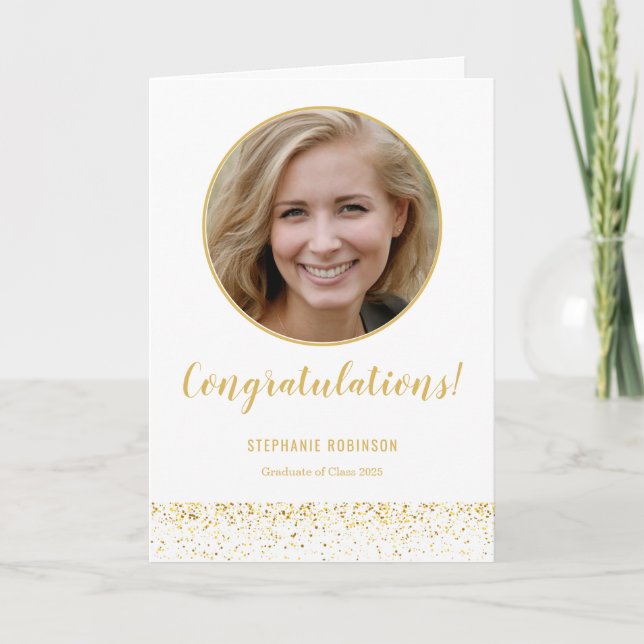 Simple Gold White Confetti Photo Graduation  Card (Front)