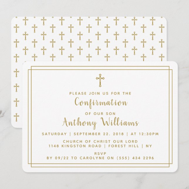 Simple Gold & White Holy Cross Confirmation Invitation (Front/Back)