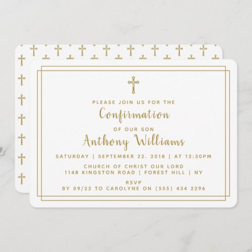 Simple Gold  White Holy Cross Confirmation Invitation