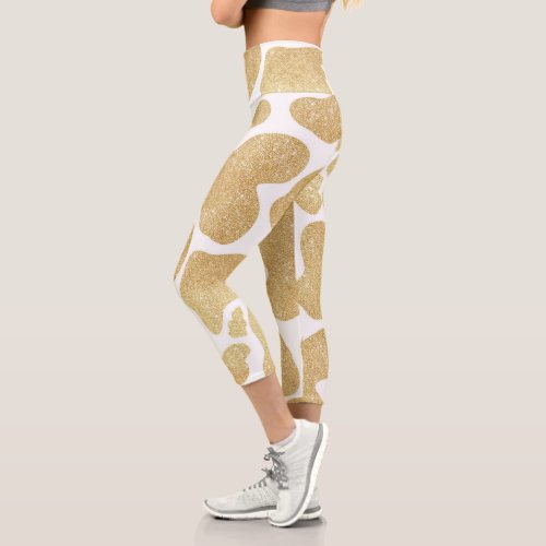 Simple Gold white Large Cow Spots Animal Pattern Capri Leggings