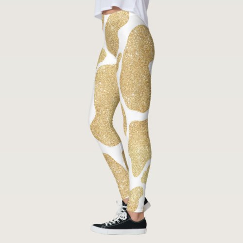 Simple Gold white Large Cow Spots Animal Pattern Leggings