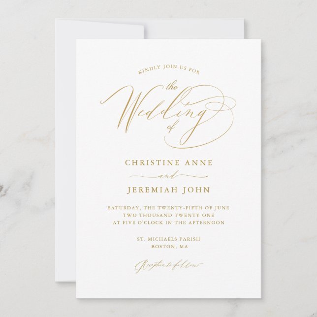 Simple Gold White Modern Script Wedding Invitation (Front)