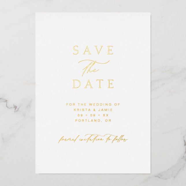 Simple Gold & White Photo Wedding Save the Date Foil Invitation (Front)