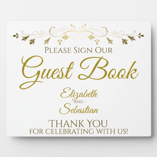 Simple Gold & White Please Sign Guest Book Sign Plaque | Zazzle